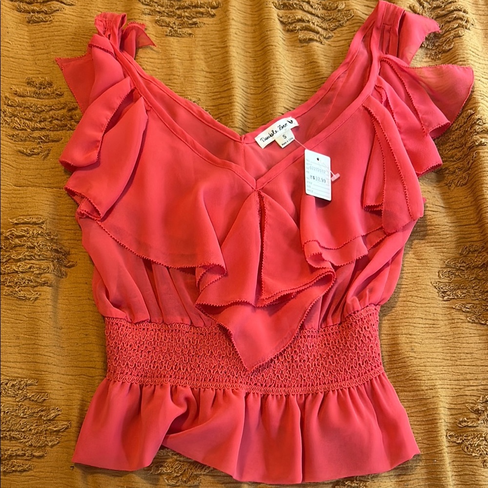 Double Zero Pink Flutter Sleeve Blouse with Ruffled Smocked Design